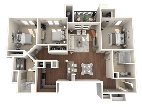 A 3D floor plan of a house layout.